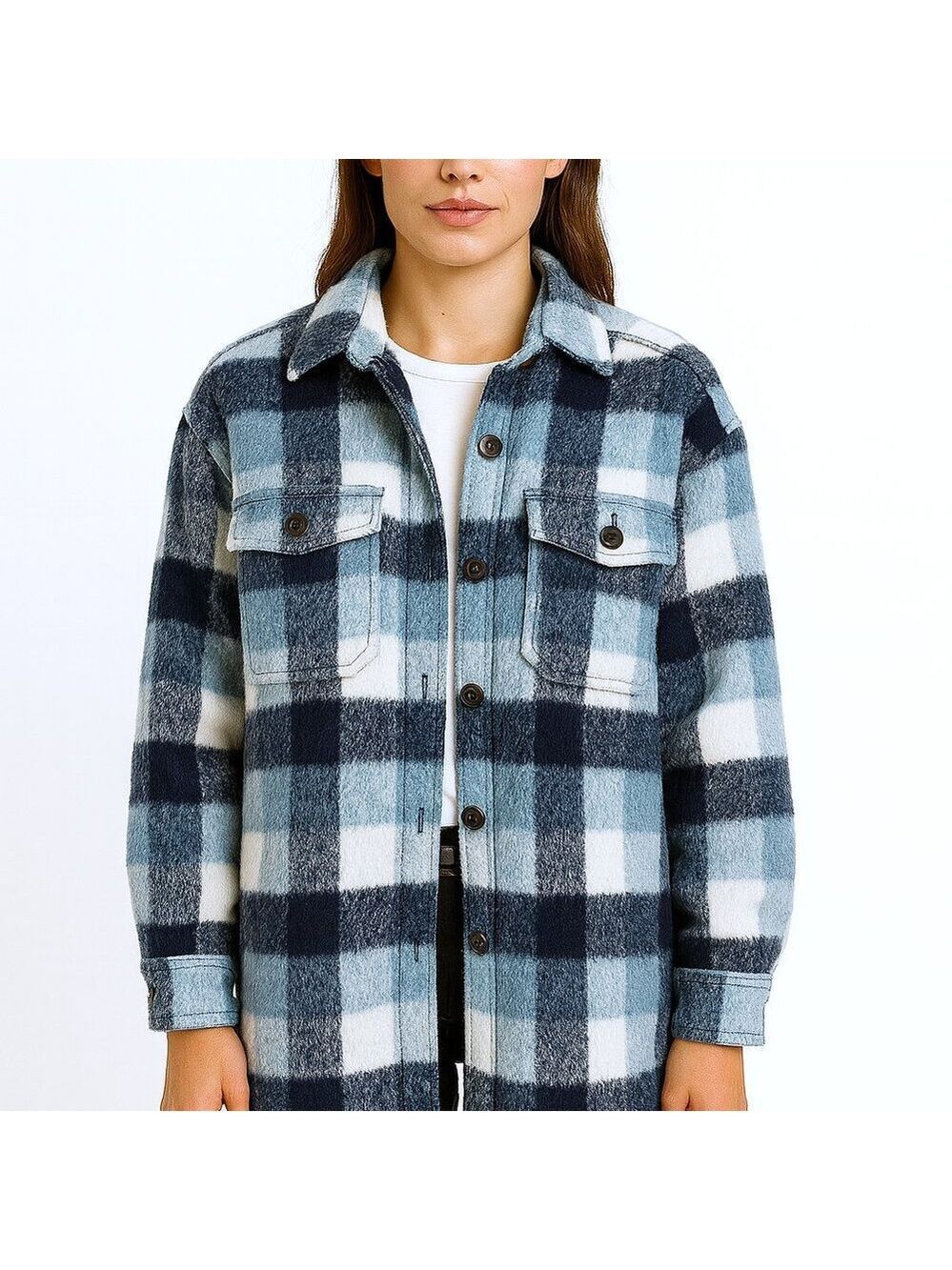 Old Navy Flannel Shacket Women Size Large Longer Lined Jacket Coat Pockets Blue